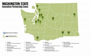 A map of Washington State showing its 14 Innovation Partnership Zones.