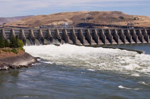 A spillway at a huge dam on the Columbia River