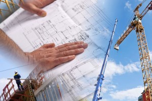 A set of blueprints appears under a crane and construction site