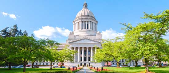 The Washington State Capitol Building in Olympia on a sunny day.