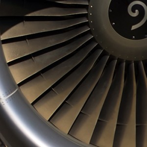 The bypass fans of a large jet engine as seen from the front