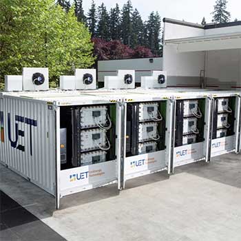 A row of Uni-Energy Technologies flow-battery storage systems provide storage for clean energy sources