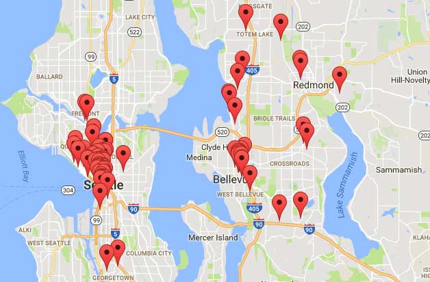 A map of technology engineering offices in Washington State that have opened since 2011.