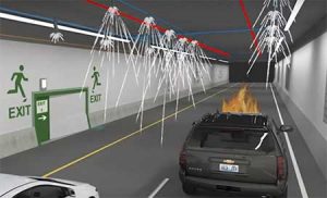 An artist's rendering of the new Waterfront Tunnel showing fire suppression capabilities.