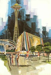 An artist's rendition of the Century 21 Exposition in Seattle with the Space Needle in the background