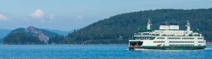 A Washington State ferry makes a run between islands in the San Juans.