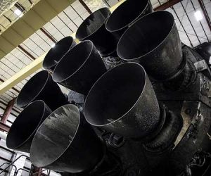 A cluster of rockets on the business end of a Falcon 9 launch vehicle.