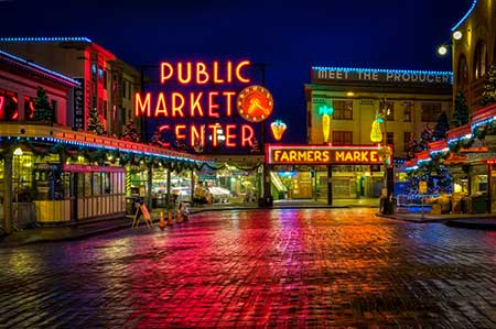 Pike Place Market at night.