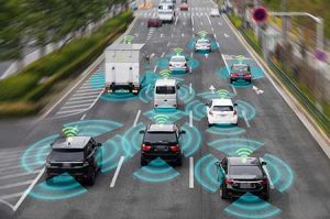 Autonomous vehicles navigate a highway.