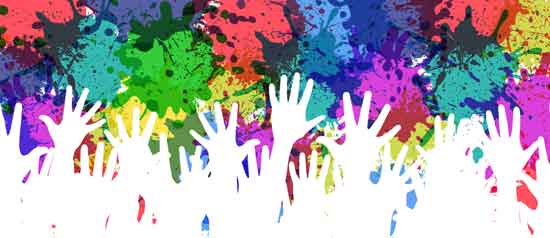 Hands raised over a colored background
