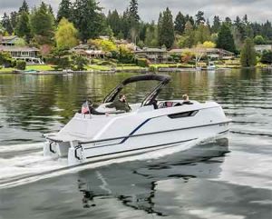 The all-electric Pure Pontoon boat goes on a trial run on Lake Washington