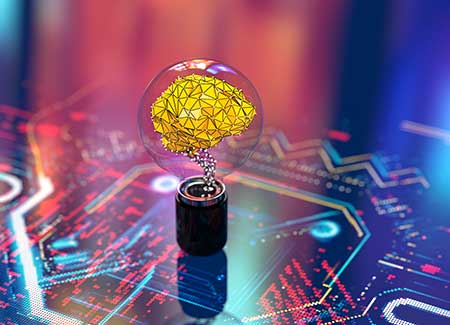 Artificial intelligence as represented by an electronic brain in a lightbulb.