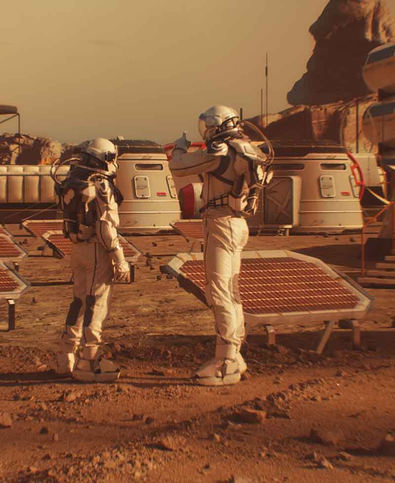 Two astronauts set up a base camp on the surface of Mars.