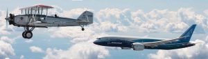 Boeing's first and most recent commercial airlines fly in formation