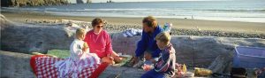 A family enjoys a picnic on a Washington State beach