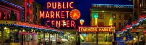 The front of the Pike Place Market in Seattle, shot on a rainy night