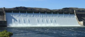Water pours over the spillway of the Grand Coulee Dam