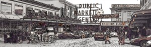 The Pike Street Market with a horse and carriage in the front