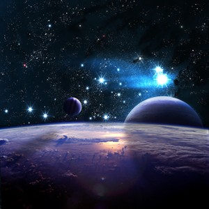 An artist's impression of a distant universe with planets and stars
