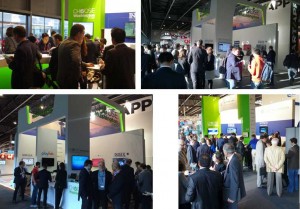 Four photos of a networking event in the 2016 Mobile World Congress Washington State booth