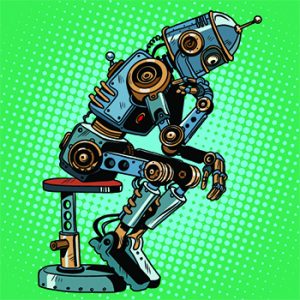 An illustration of a robot on a chair, thinking