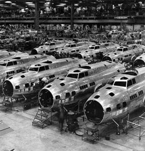 Boeing B-17 bombers roll off the assembly line at the Seattle plant.