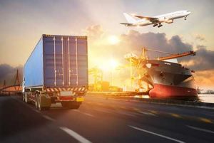 Various methods of transporting goods - a truck, airplane and ship - are shown in a montage.