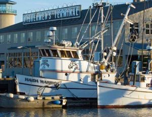 Fishing boats lay dockside at Fishermens Terminal in Seattle's Ballard neighborhood.
