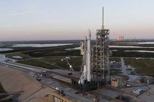 A Falcon rocket prepares for liftoff at Cape Canaveral