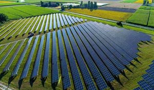 A solar farm captures renewable energy from the sun.