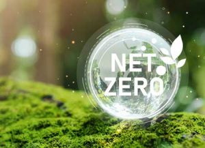 A large bubble against a field of grass says, "Net Zero" clean energy