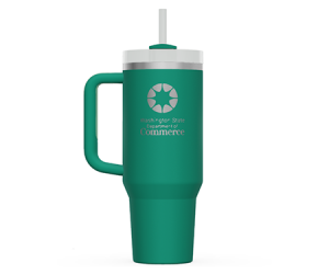 A Stanley Quencher tumbler with the Commerce logo on it.