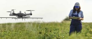 A farmer uses a drone to administer fertilizer to a crop.