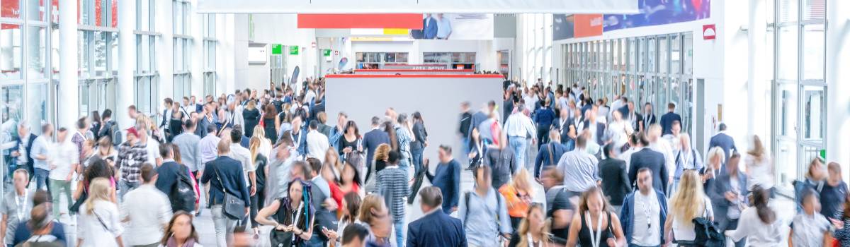 Looking from above as a trade show takes place 